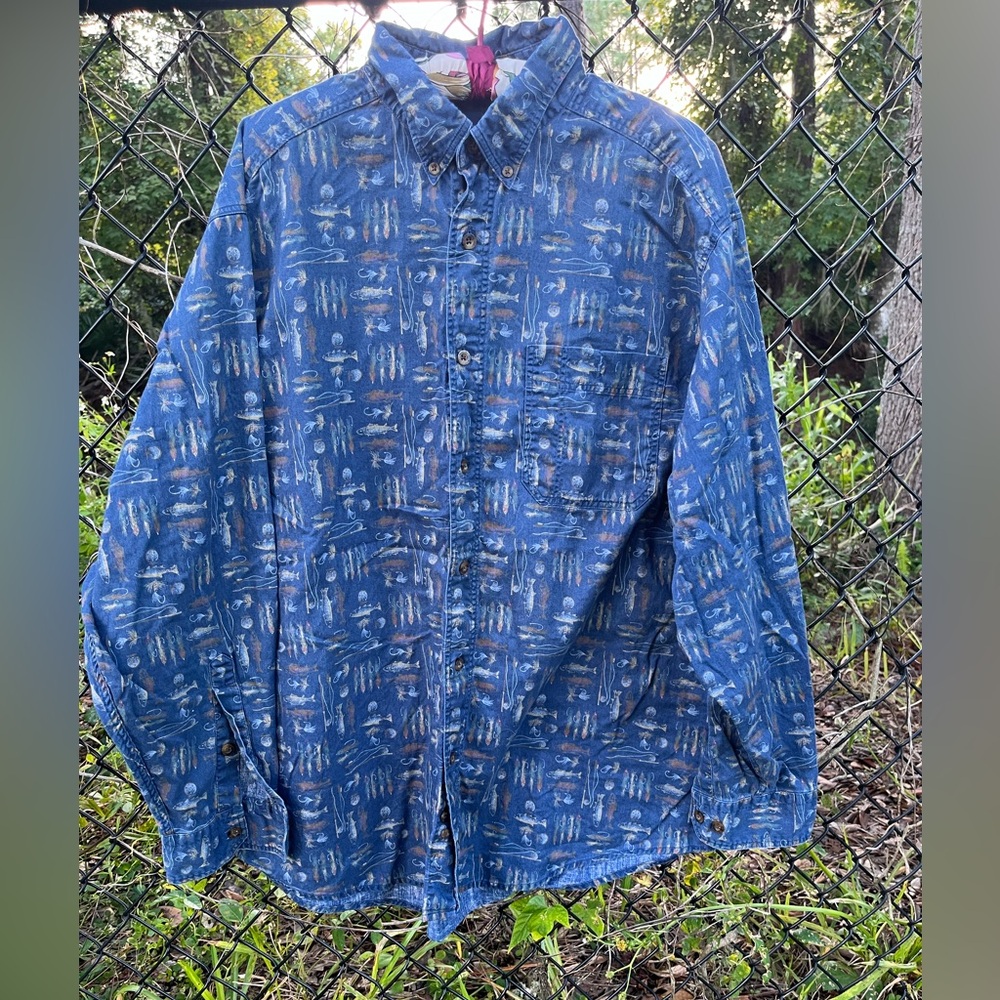 Vintage Woolrich Blue Fishing Print Button Up Shirt XL Made in Peru